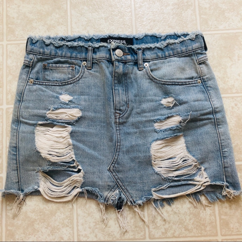Express Distressed Denim Mini Skirt, Raw Hem
